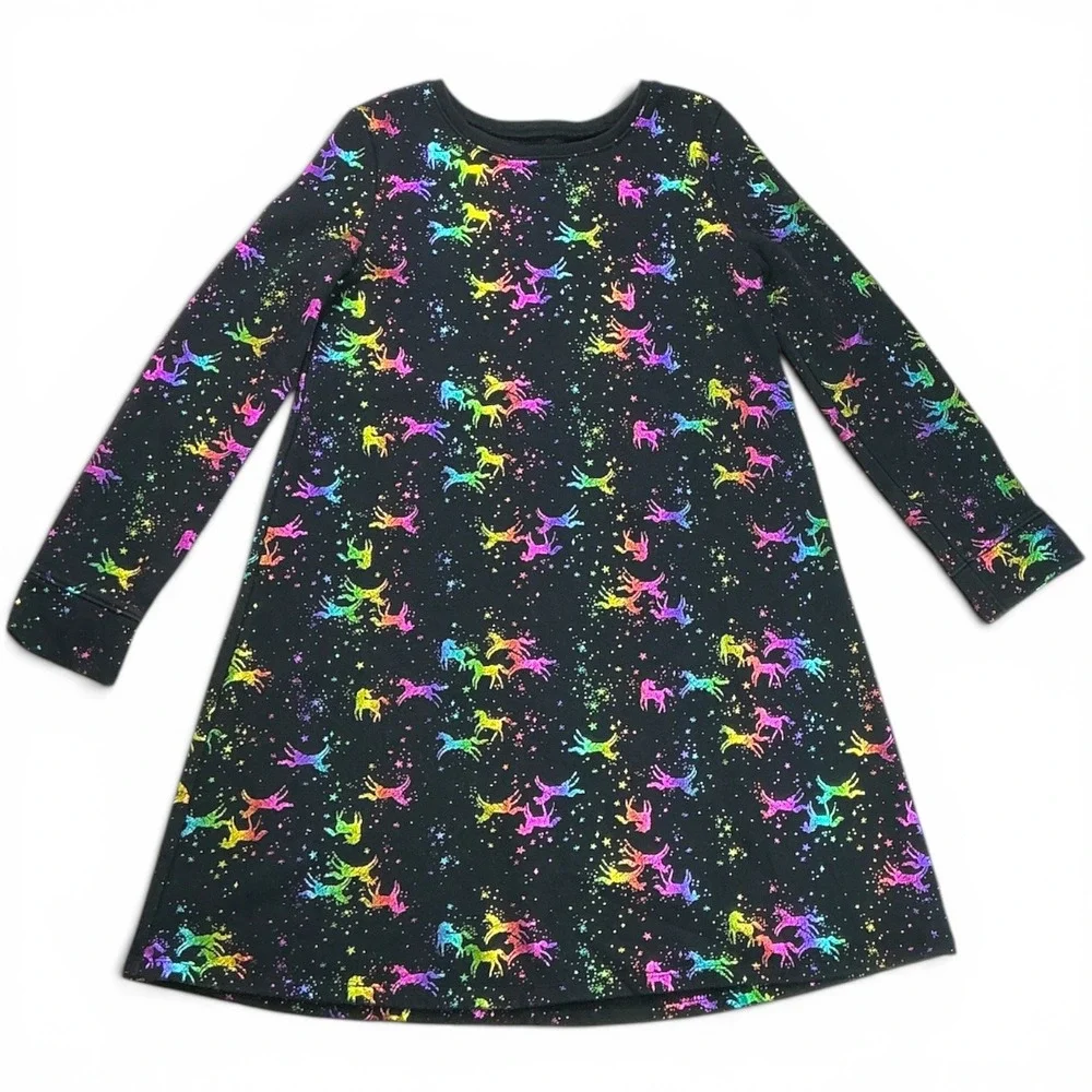 Jumping Beans Black Dress Girls 8 Rainbow Glitter Unicorn Fleece All Day Play